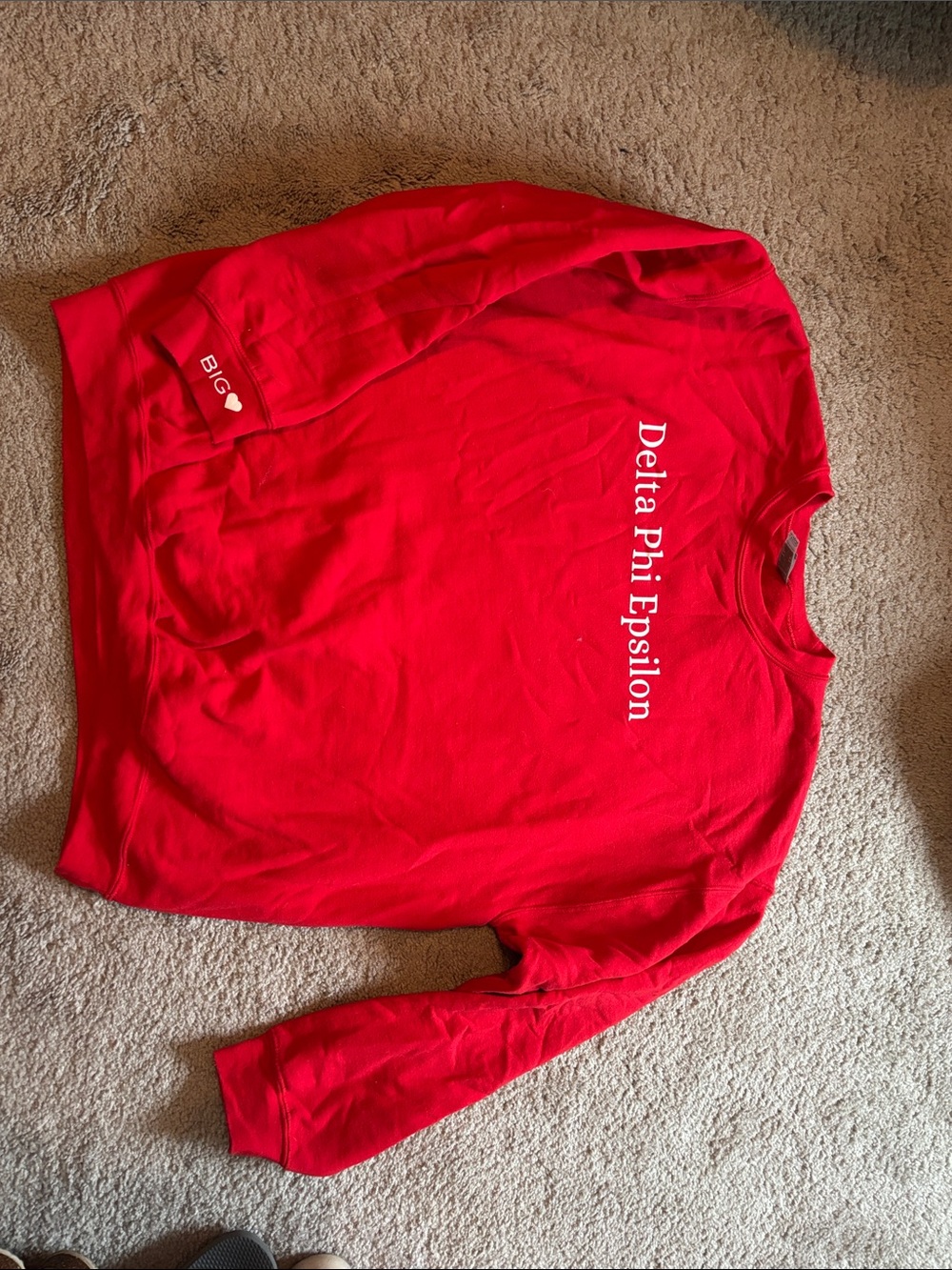 Delta Phi Epsilon Red Crewneck Sweatshirt - “Big” on sleeve.